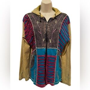 KPC Vintage Hoodie Full Zip Boho Colorful Front Pockets size XL Embroidered